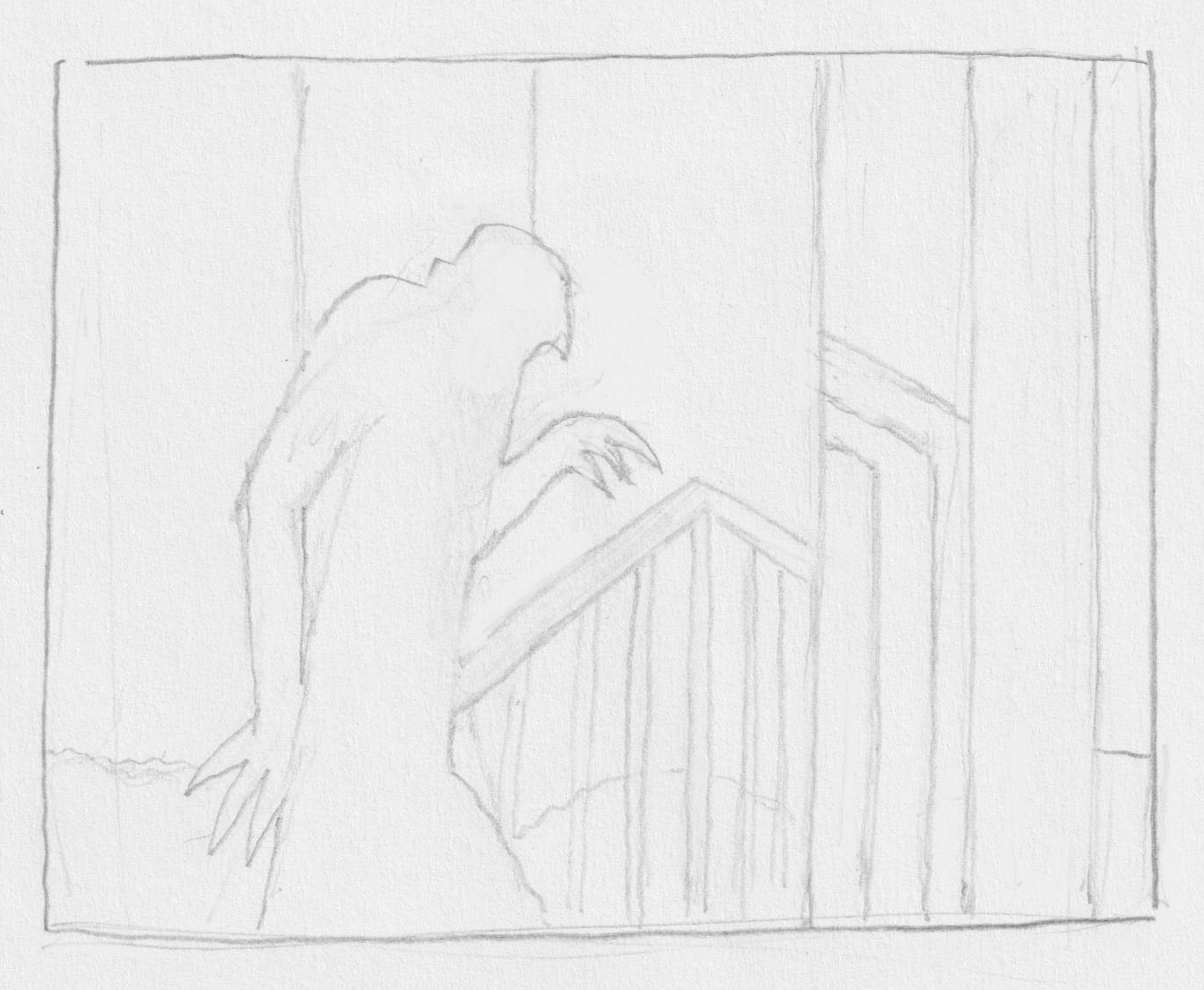 Compositietekening van een beroemd filmshot uit Nosferatu, uit een tekenles over schaduw